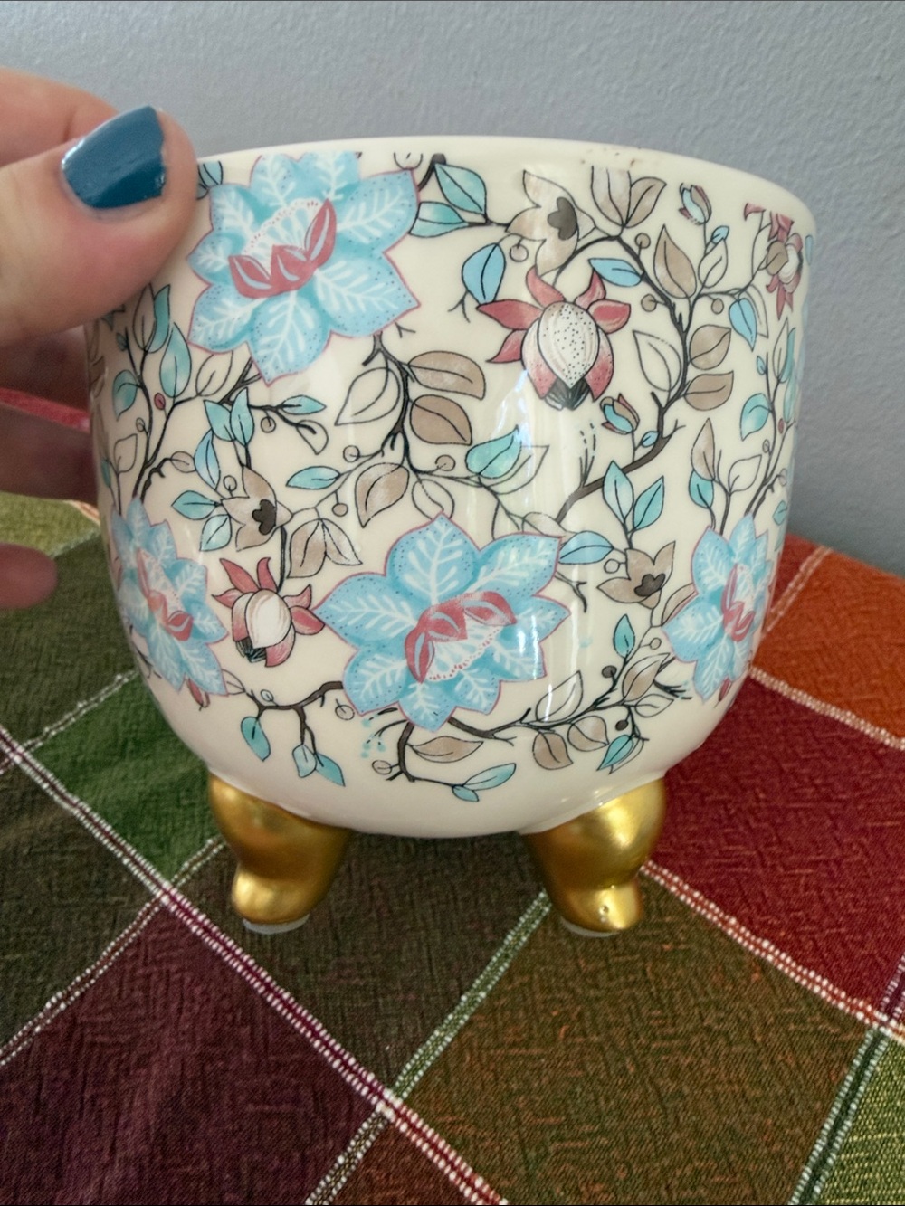 Floral Ceramic Footed Planter - Blue & Cream - Picture 3 of 3